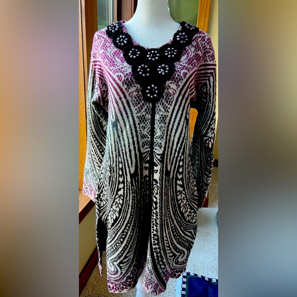 Gorgeous Oster Sweater Dress Tunic Black Purple Embellished w/ Pearls Knit Lace